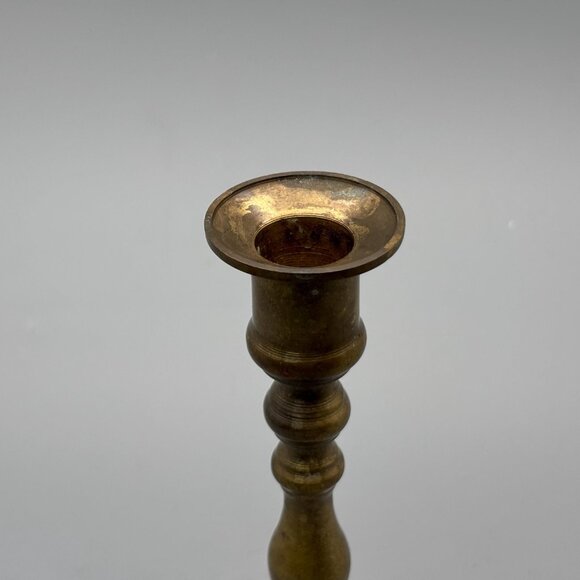 Vintage Brass Taper Candle Holder With Tall Turned Column And Square Footed Base - Picture 4 of 8